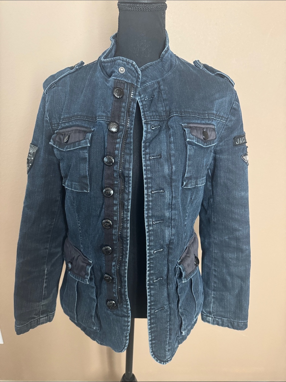 Jack & Jones Distressed Dark Blue Denim Military-Style Jacket